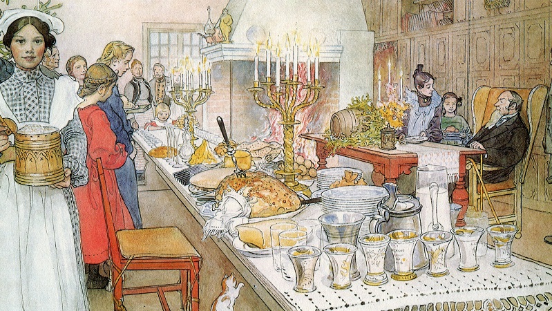 Mlning som frestller ett julbord och mnniskor frn tidigt 1900-tal